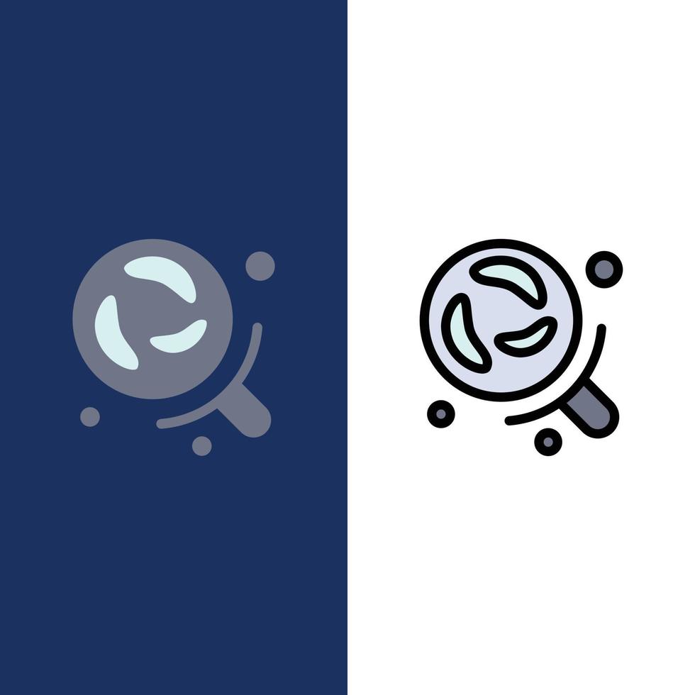 ícones de ciência de pesquisa de laboratório de bactérias plano e conjunto de ícones cheios de linha vector fundo azul