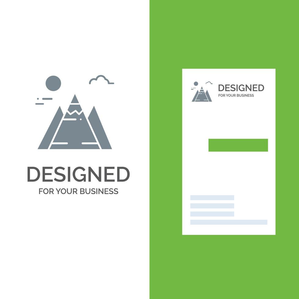 design de logotipo de paisagem de montanha sol cinza e modelo de cartão de visita vetor