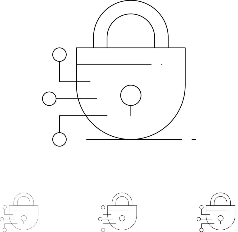 tecnologia de bloqueio digital conjunto de ícones de linha preta fina e ousada vetor