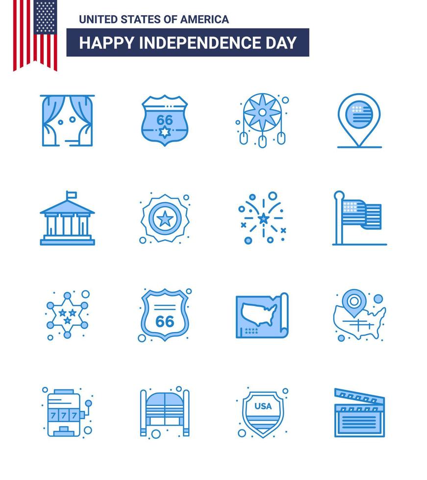 pacote azul com 16 símbolos do dia da independência dos eua do mapa de adorno do sinal da bandeira americano editável elementos de design do vetor do dia dos eua