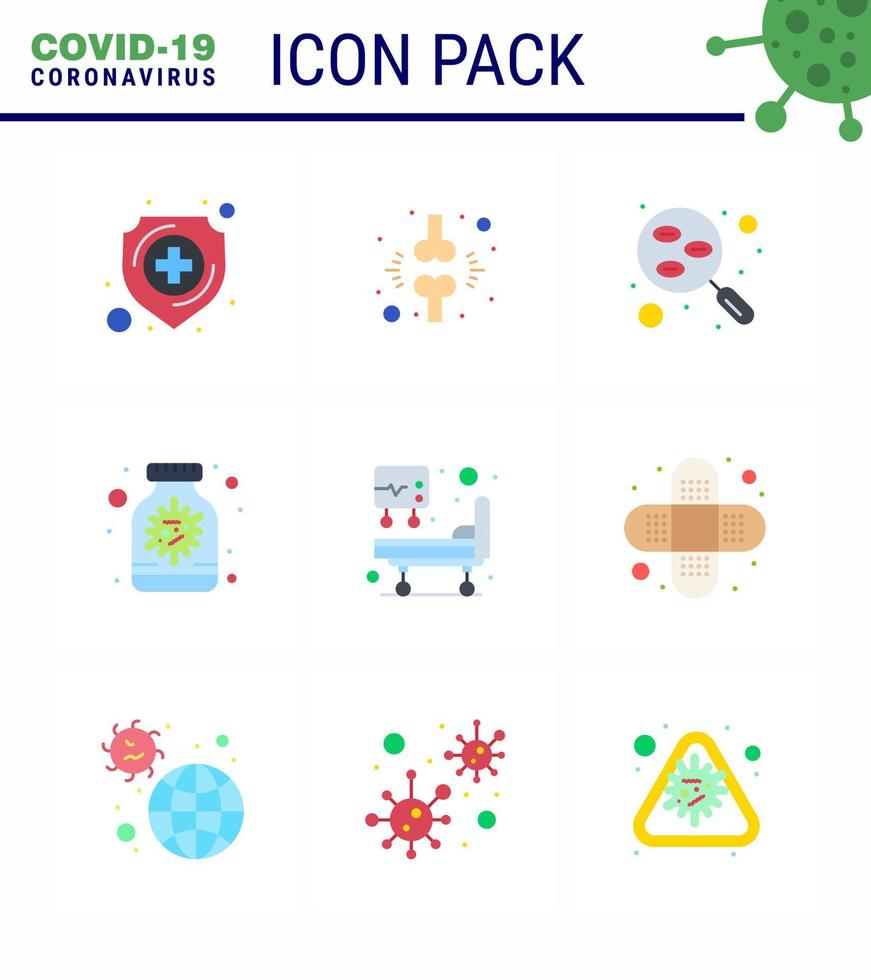 9 pacote de ícones de coronavírus covid19 de cores planas, como amostra de antivírus de paciente de cápsula de garrafa, elementos de design de vetor de doença viral de coronavírus 2019nov