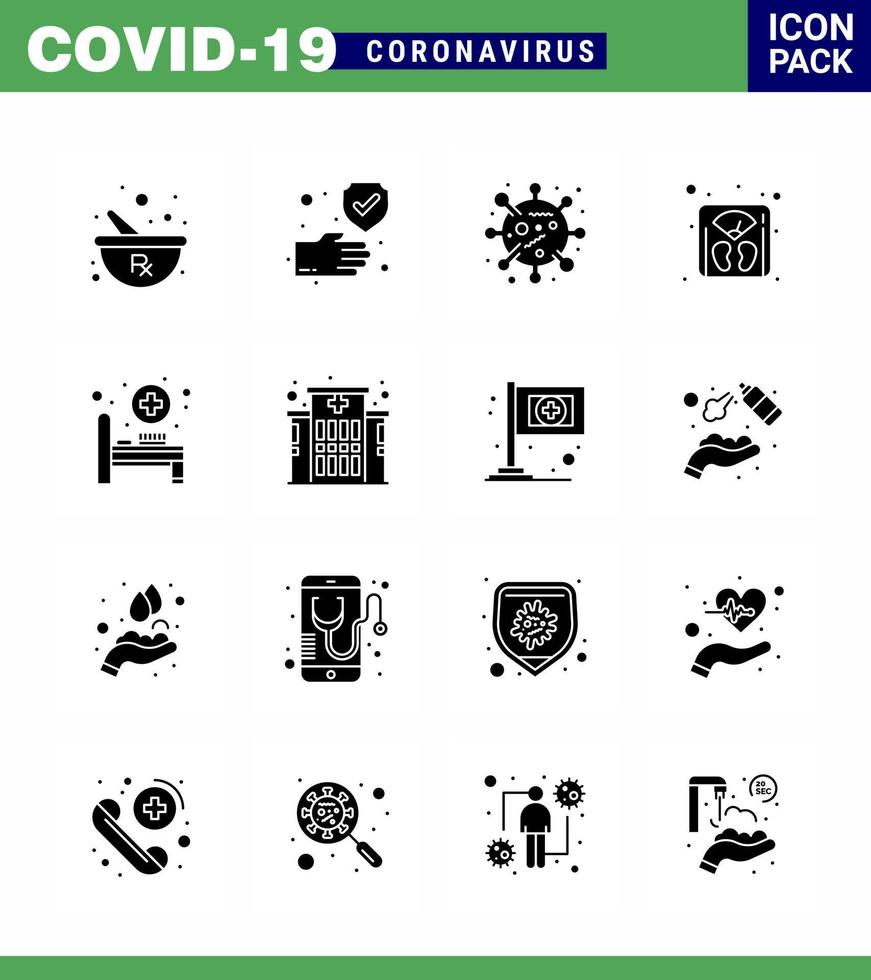 Pacote de ícones de 16 glifos sólidos de coronavírus negro covid19, como máquina de cama de hospital, bactérias, gerenciamento de peso, coronavírus viral, elementos de design de vetor de doença de 2019nov