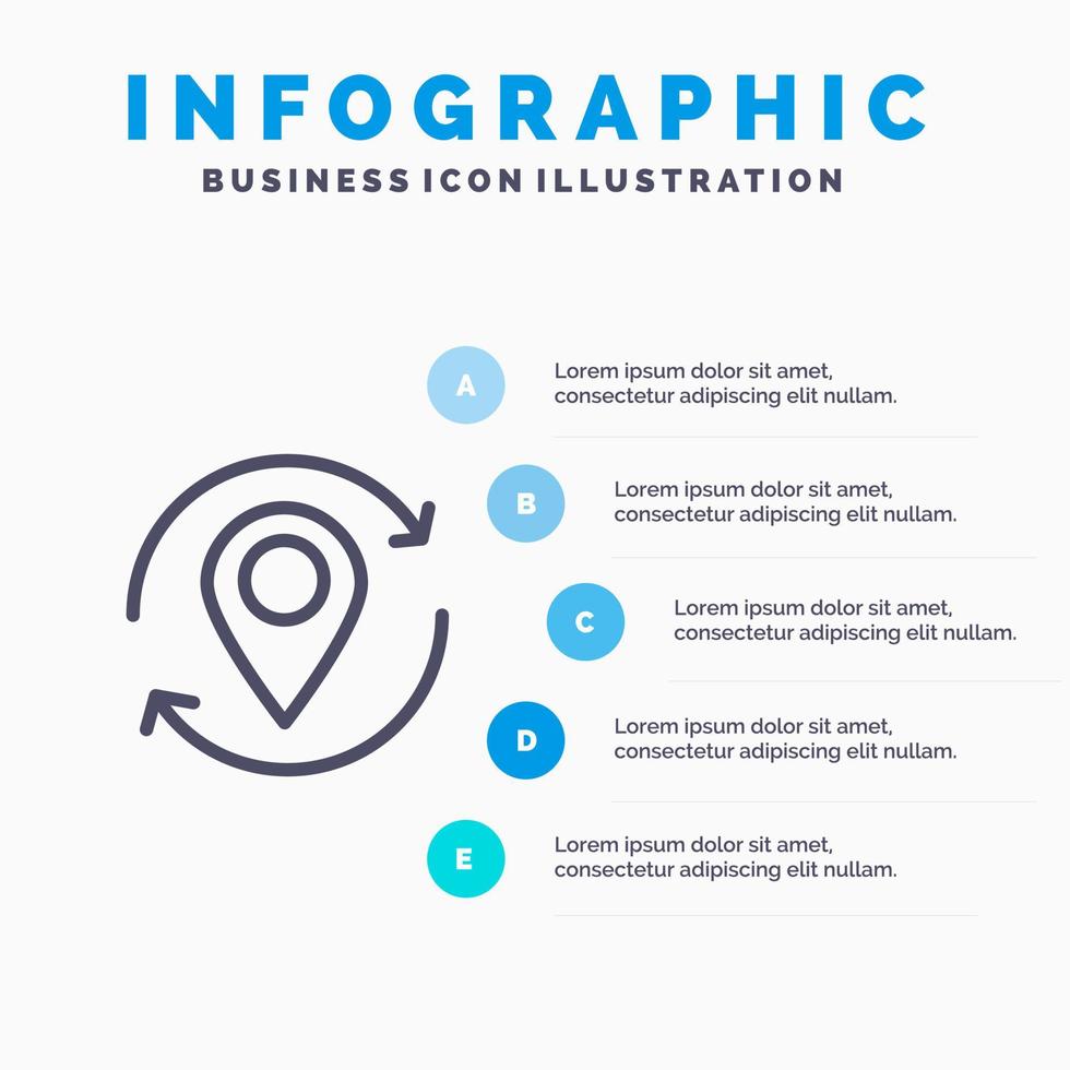 ícone de linha de pino de marcador de mapa de localização de seta com fundo de infográficos de apresentação de 5 etapas vetor