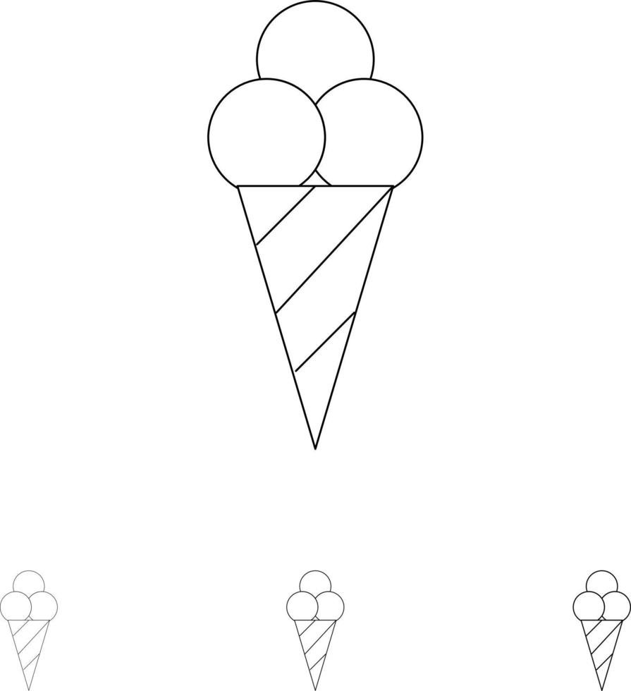 casquinha de sorvete de praia conjunto de ícones de linha preta fina e ousada vetor