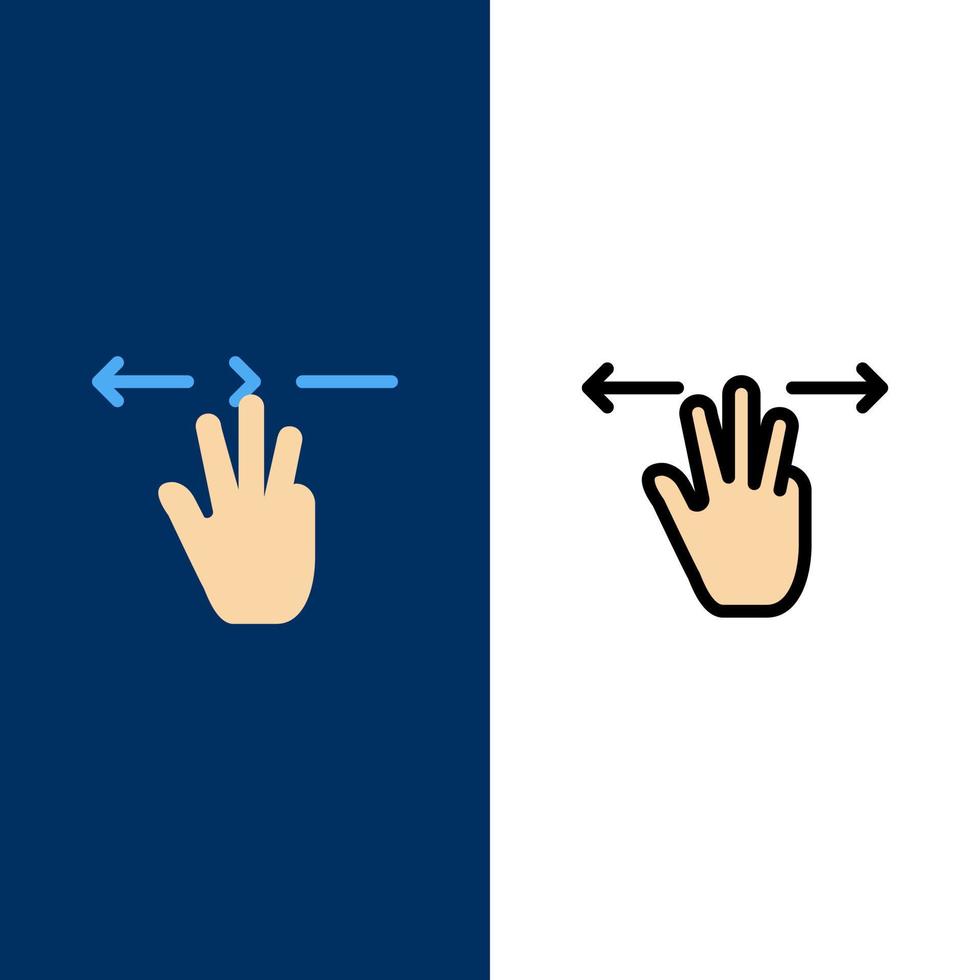gestos mão móvel três dedos ícones plana e linha cheia conjunto de ícones vector fundo azul