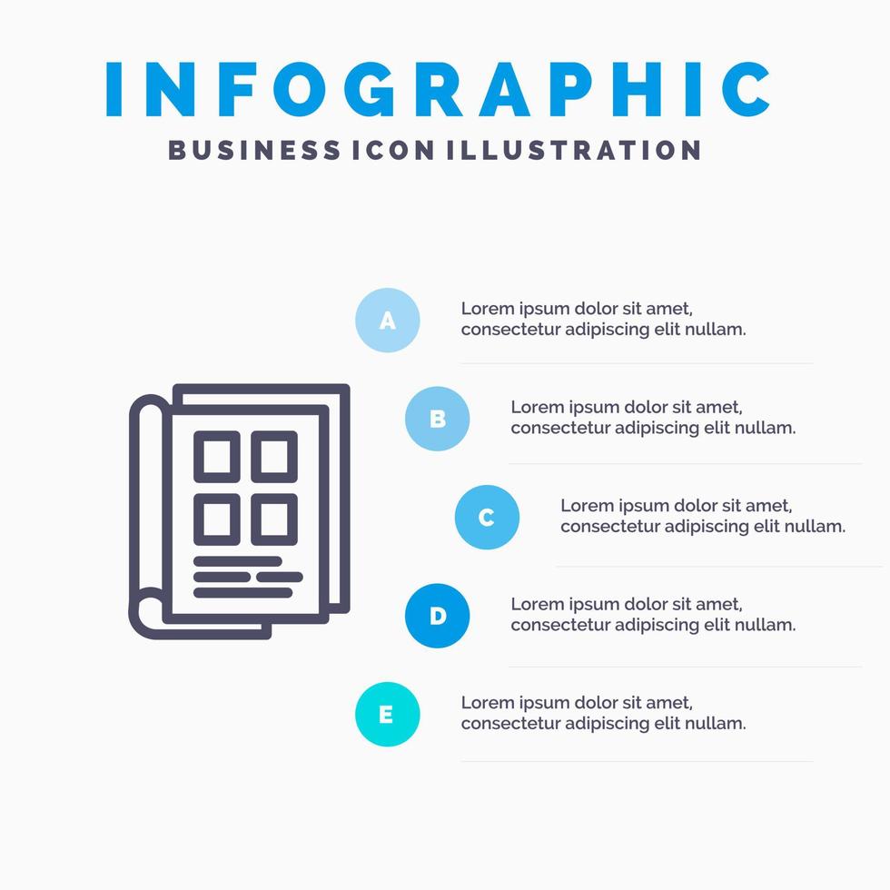 ícone da linha da lista telefônica do caderno de papel do jornal com fundo de infográficos de apresentação de 5 etapas vetor