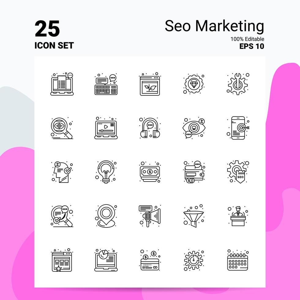 Conjunto de ícones de marketing de 25 seo 100 eps editáveis 10 arquivos de conceito de logotipo de negócios ideias de design de ícone de linha vetor