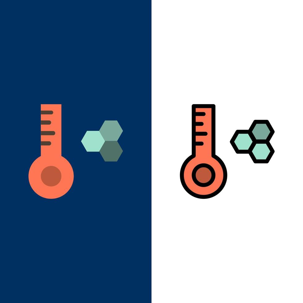 ícones de termômetro de medidor de temperatura de temperatura plano e conjunto de ícones cheios de linha vector fundo azul