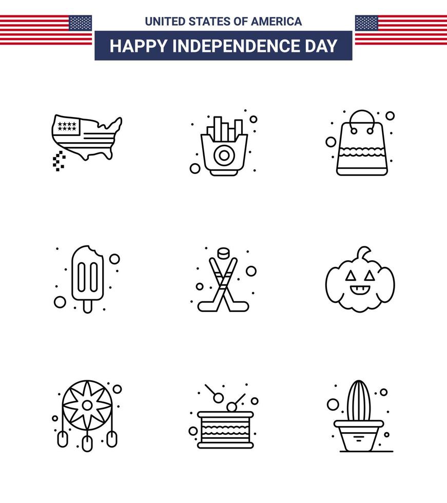 feliz dia da independência dos eua conjunto de pictogramas de 9 linhas simples de gelo americano saco creme sorvete editável dia dos eua vetor elementos de design