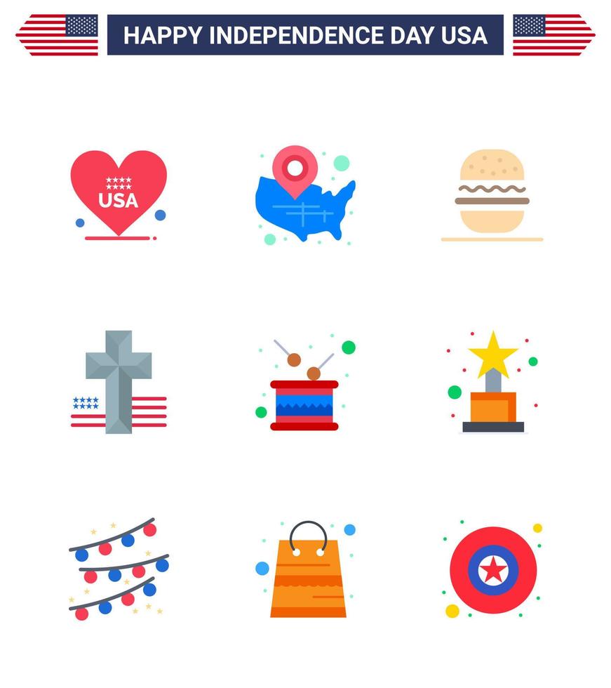 conjunto de 9 ícones do dia dos eua símbolos americanos sinais do dia da independência para tambor localização da igreja pino cruz eua editável dia dos eua vetor elementos de design