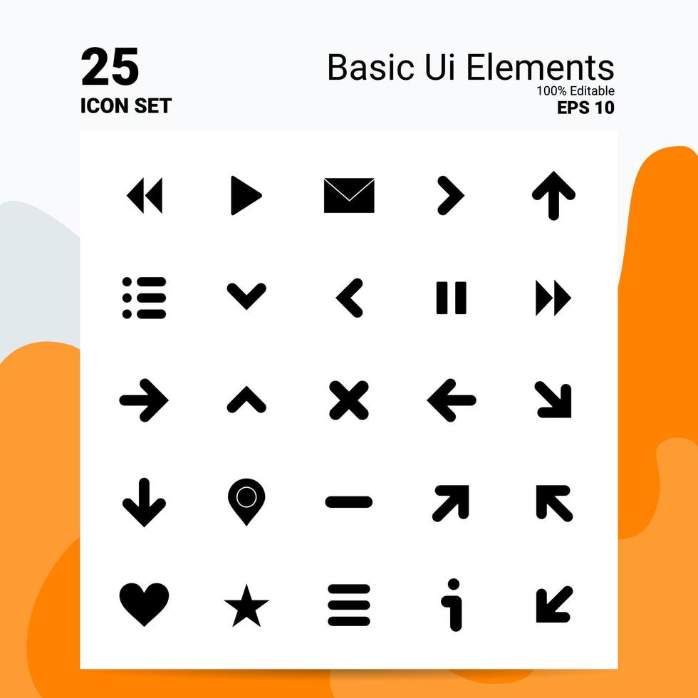 Conjunto de ícones de 25 elementos básicos da interface do usuário 100 eps editáveis 10 arquivos ideias de conceito de logotipo de negócios design de ícone de glifo sólido vetor