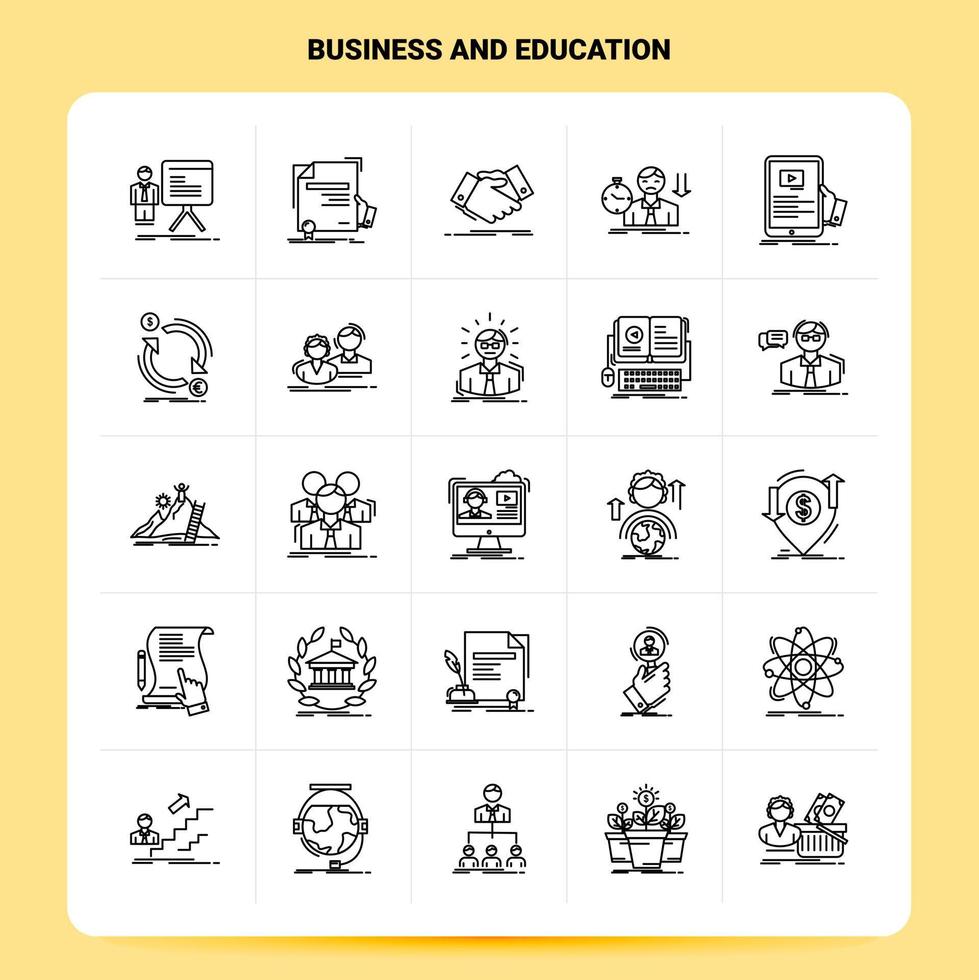 delinear 25 conjunto de ícones de negócios e educação vetor design de estilo de linha ícones pretos conjunto de pictograma linear pacote de ideias de negócios móveis e web design ilustração vetorial