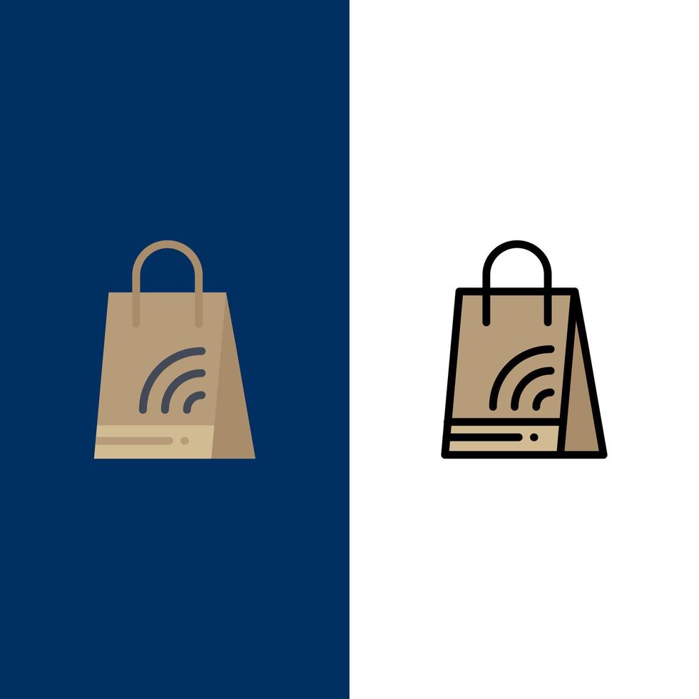 saco bolsa wi-fi ícones de compras plano e conjunto de ícones cheios de linha vector fundo azul