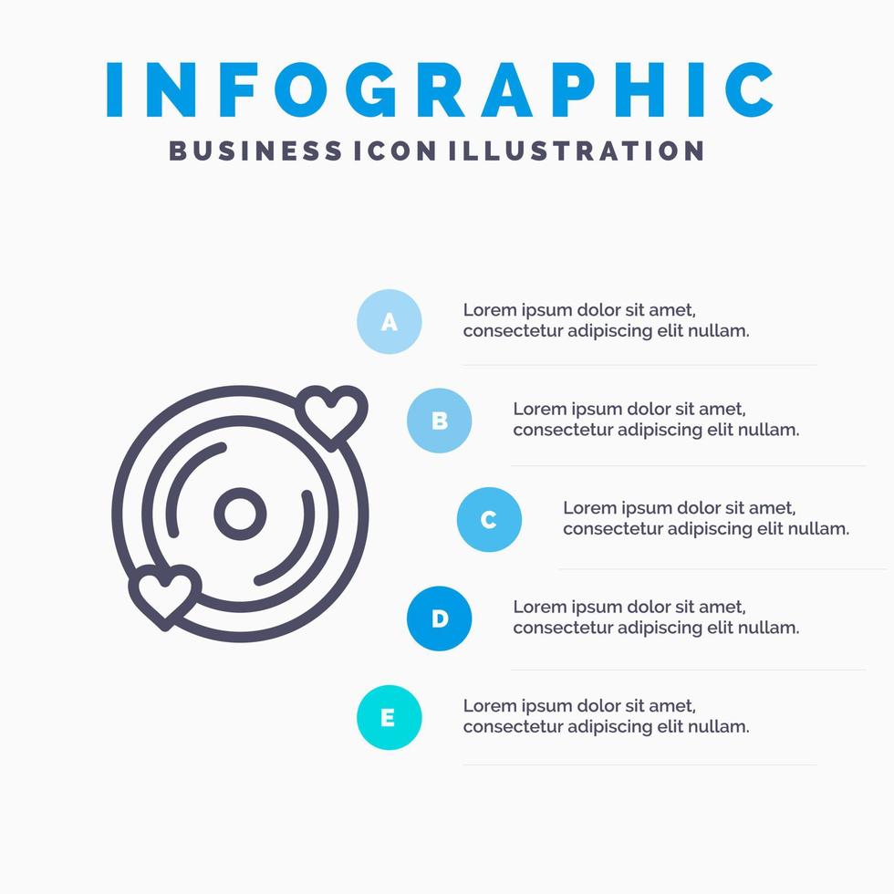 ícone de linha de casamento de coração de disco de amor com fundo de infográficos de apresentação de 5 etapas vetor