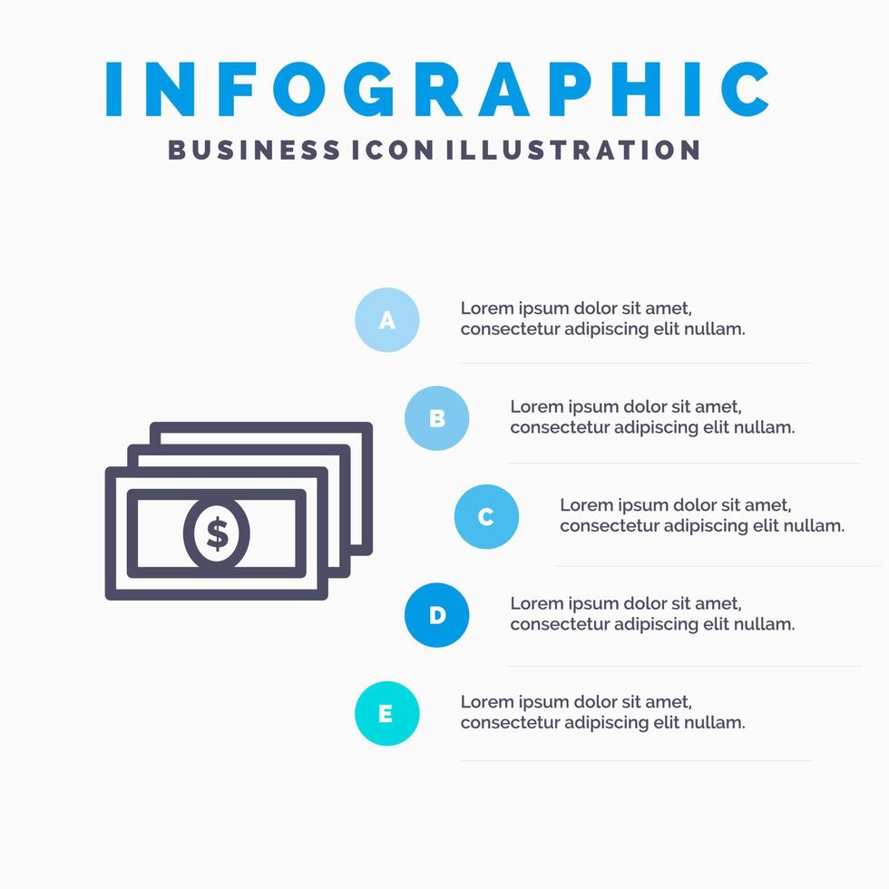 ícone de linha de dinheiro de dólar com fundo de infográficos de apresentação de 5 etapas vetor