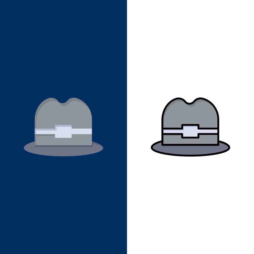 ícones de homem de turismo de chapéu plano e conjunto de ícones cheios de linha vector fundo azul