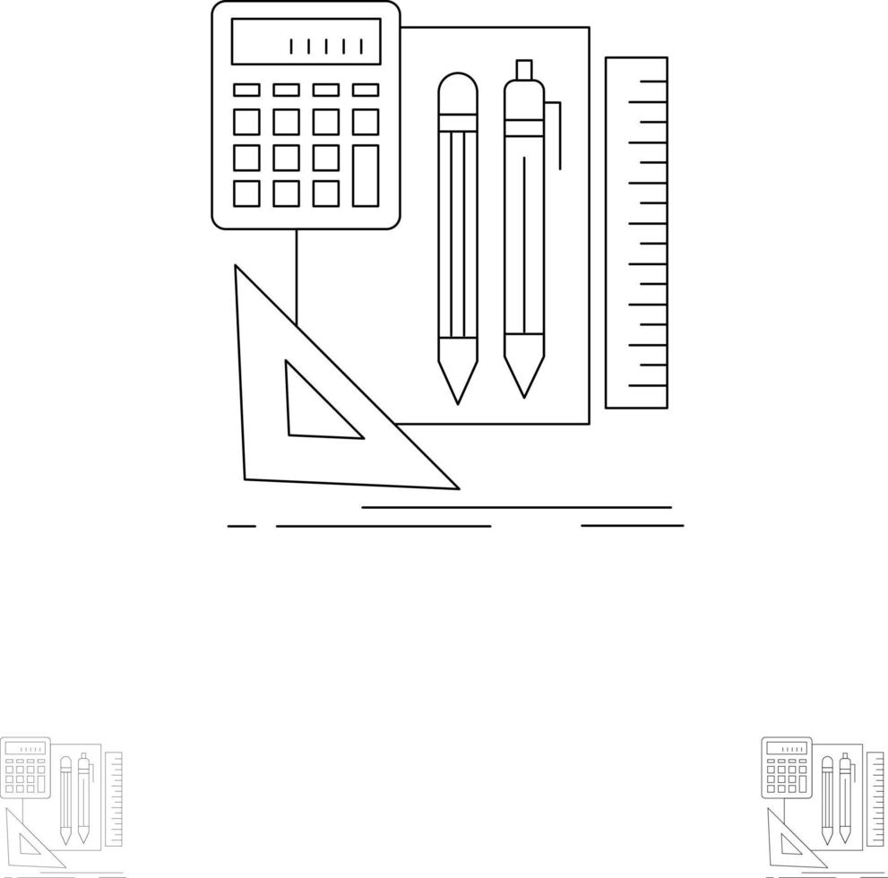 caneta de calculadora de livro estacionário conjunto de ícones de linha preta em negrito e fino vetor