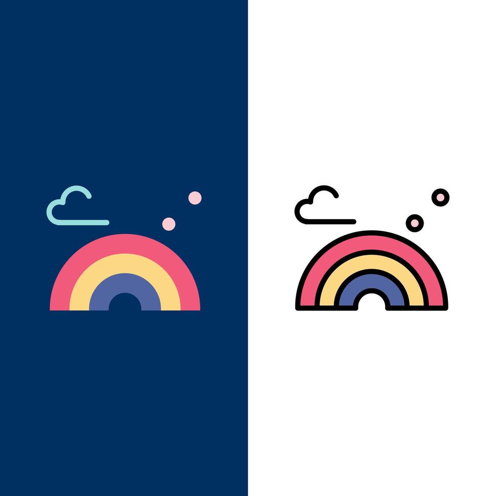 ícones de onda de primavera de arco-íris de natureza plana e linha cheia de ícones conjunto de fundo azul vector