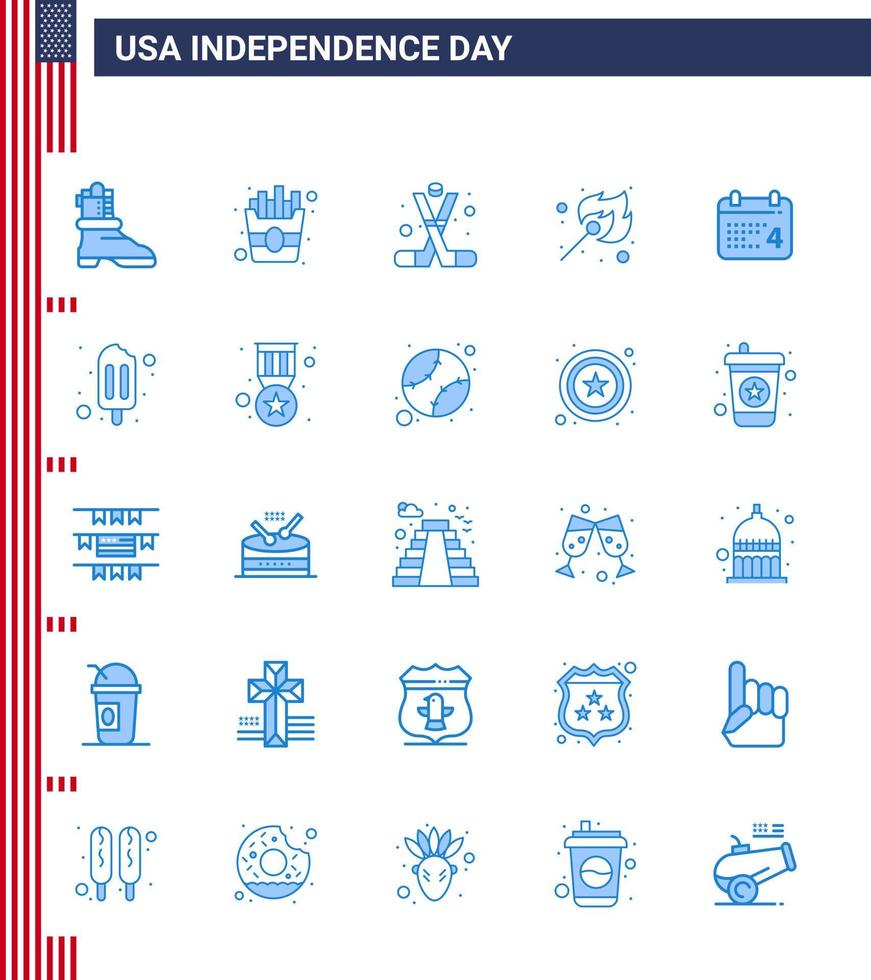 conjunto moderno de 25 azuis e símbolos no dia da independência dos eua, como calendário de data esportes fogo ao ar livre editável dia dos eua vetor elementos de design