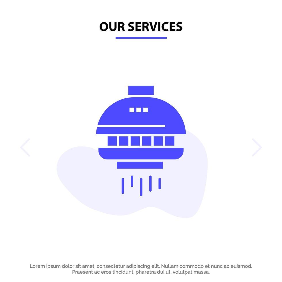nossos serviços modelo de cartão web de ícone de glifo sólido ufo nave espacial de ônibus espacial vetor