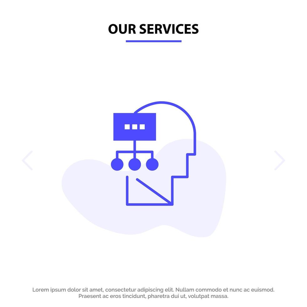 nossos serviços, planejamento, teoria, mente, ícone, glifo sólido, modelo de cartão da web vetor