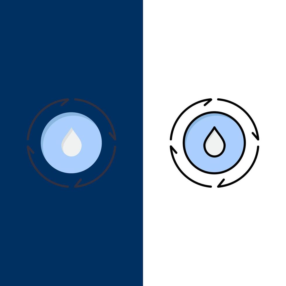 ícones de natureza de poder de água de energia plano e conjunto de ícones cheios de linha vector fundo azul