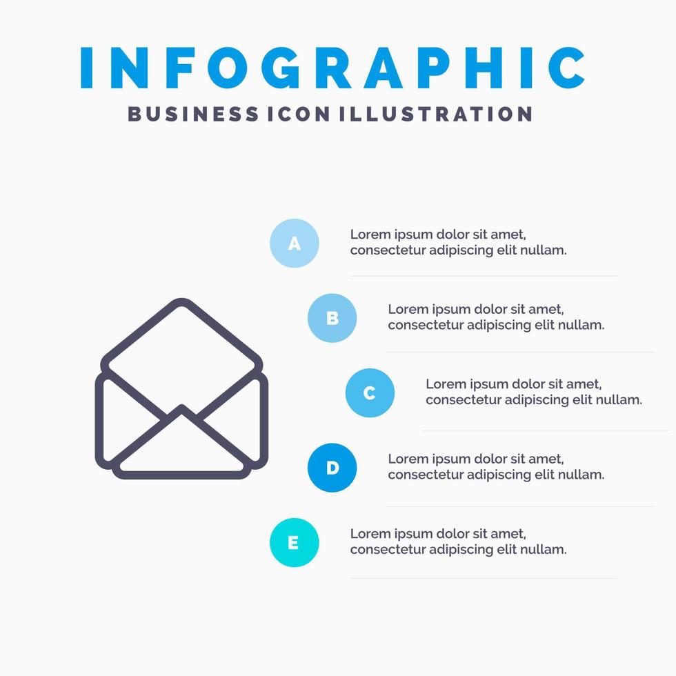 ícone de linha aberta de e-mail de correio com fundo de infográficos de apresentação de 5 etapas vetor