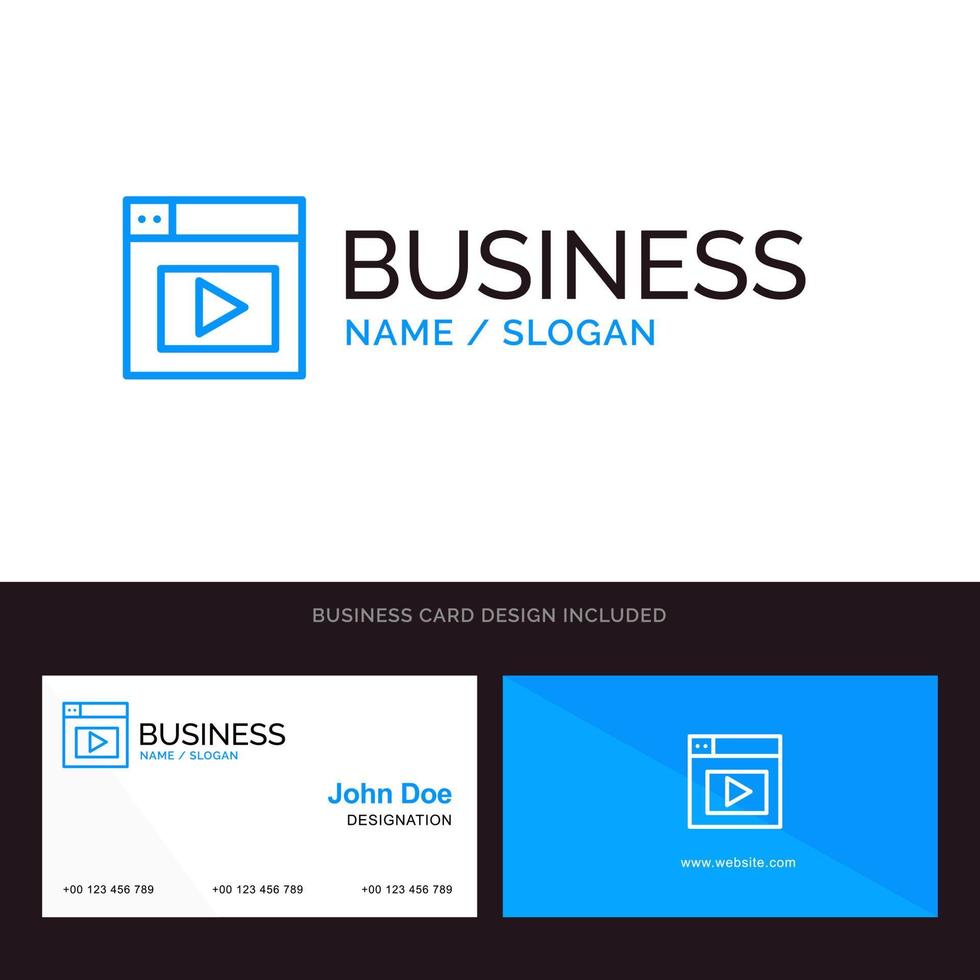 web design vídeo azul logotipo da empresa e modelo de cartão de visita design frontal e traseiro vetor