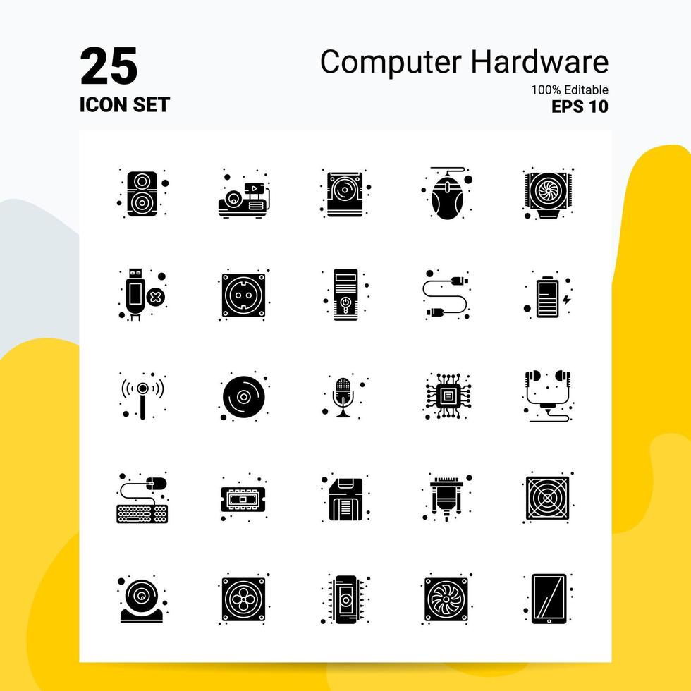 25 conjunto de ícones de hardware de computador 100 eps editáveis 10 arquivos idéias de conceito de logotipo de negócios design de ícone de glifo sólido vetor