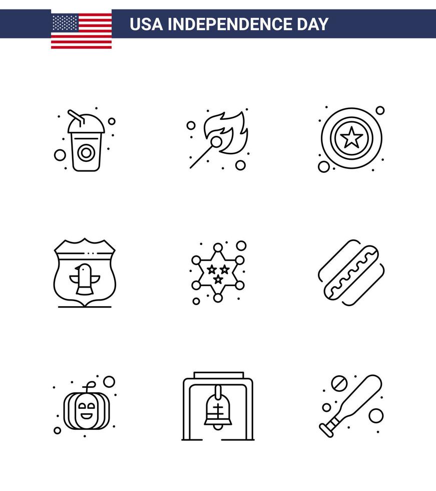 9 ícones criativos dos eua sinais modernos de independência e símbolos de 4 de julho de homens de segurança militar escudo americano editável dia dos eua elementos de design vetorial vetor