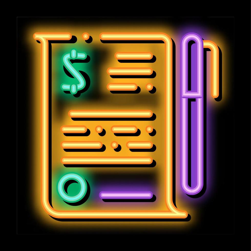 caneta de contrato de arquivo de documento financeiro ilustração de ícone de brilho neon vetor