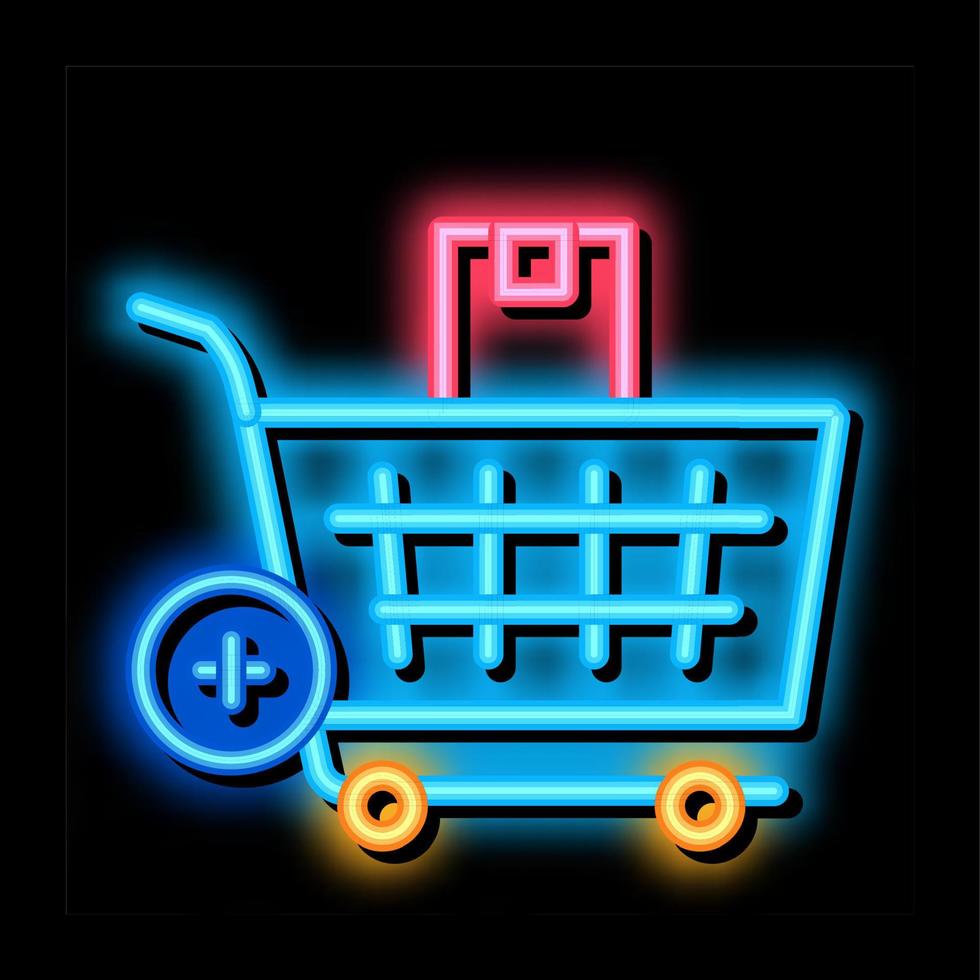 comprando produtos e adicionando no carrinho de mercado ilustração do ícone de brilho neon vetor