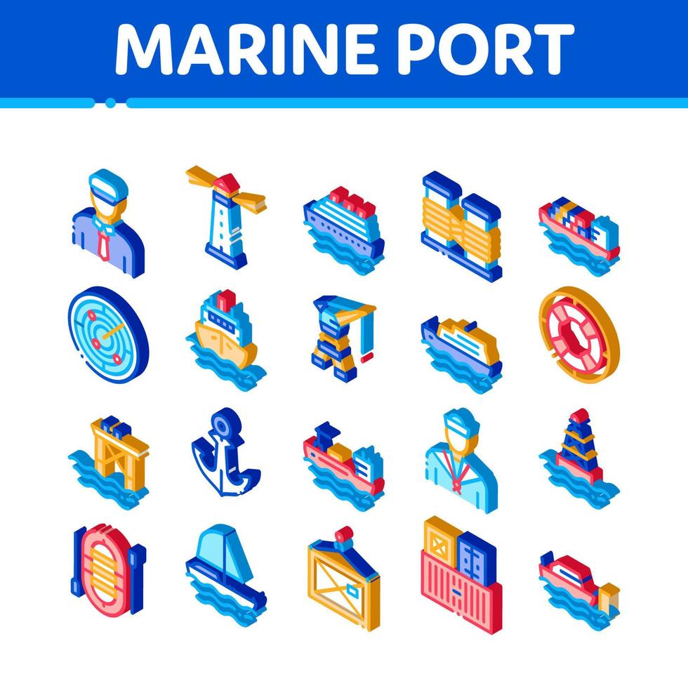 vetor de conjunto de ícones isométricos de transporte portuário marítimo