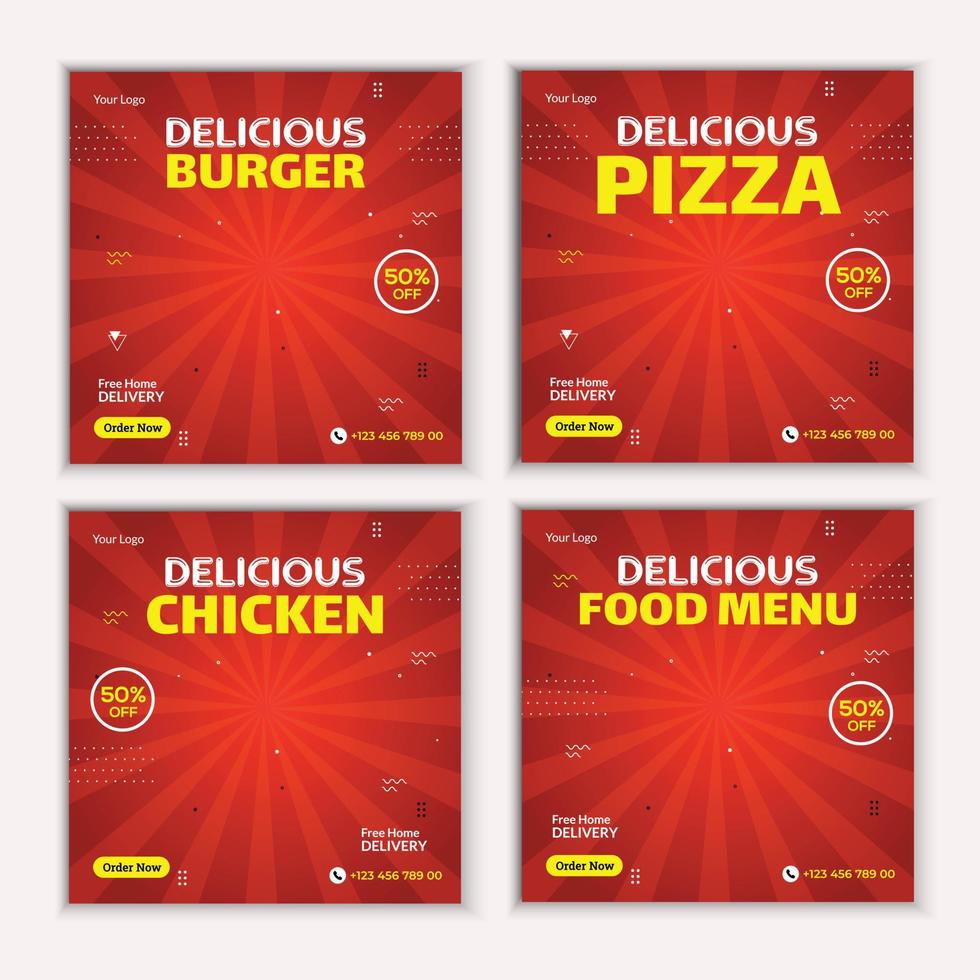 design de banner de postagem de mídia social. adequado para banner de postagem de mídia social. pizza, hambúrguer, frango e promoção online de negócios de comida deliciosa. vetor