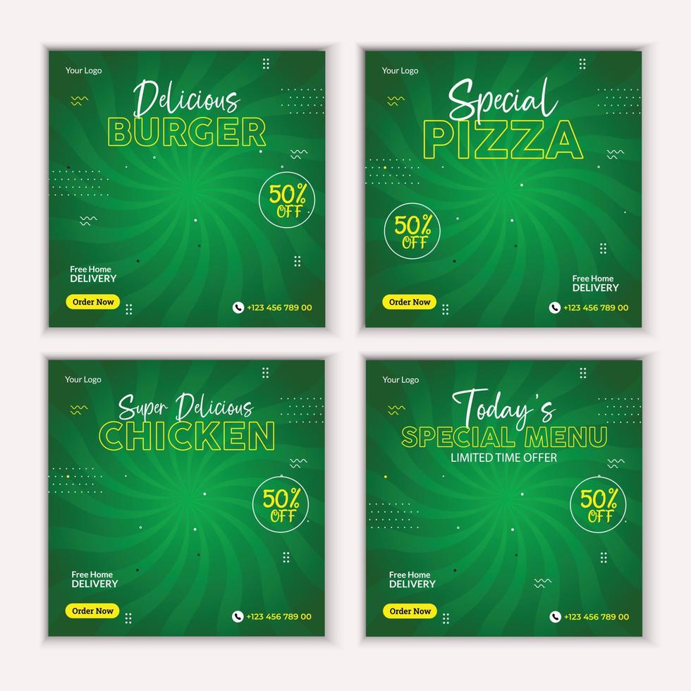 design de banner de post de mídia social de menu de comida. adequado para banner de postagem de mídia social. pizza, hambúrguer, frango e promoção online de negócios de comida deliciosa. vetor