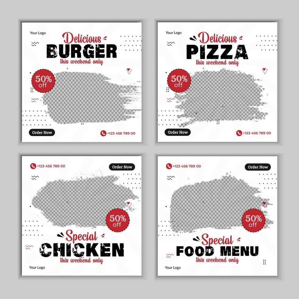 hambúrguer, pizza, design de banner de post de mídia social de menu de comida. adequado para banner de postagem de mídia social. pizza, hambúrguer, frango e promoção online de negócios de comida deliciosa. vetor