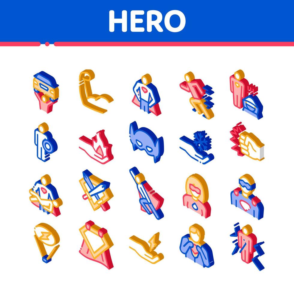 vetor de conjunto de ícones de elementos isométricos de super-herói