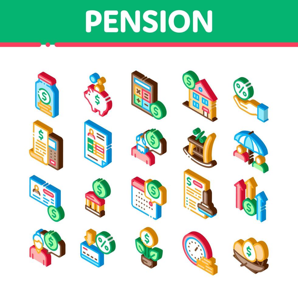 vetor de conjunto de ícones isométricos de aposentadoria de pensão