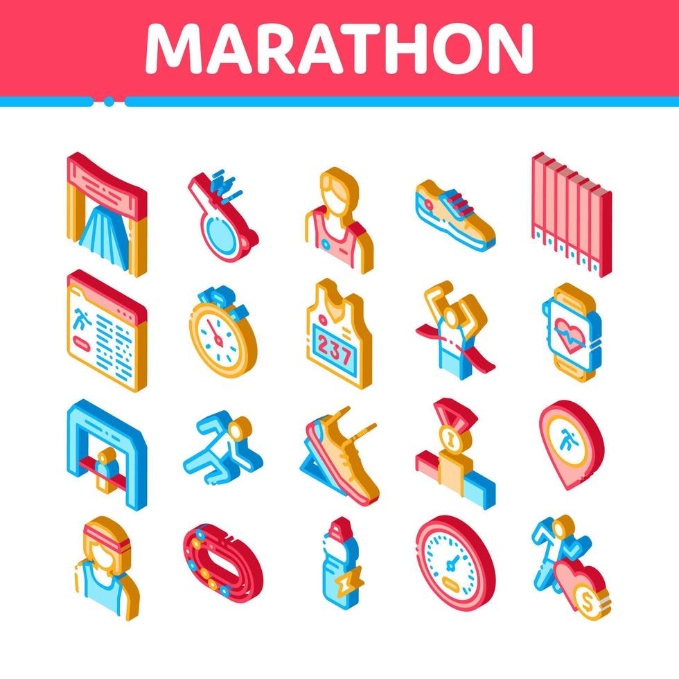 vetor de conjunto de ícones de elementos isométricos de maratona