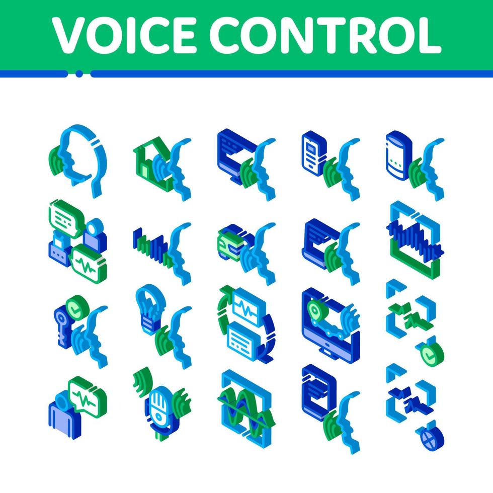 vetor de conjunto de ícones de elementos isométricos de controle de voz
