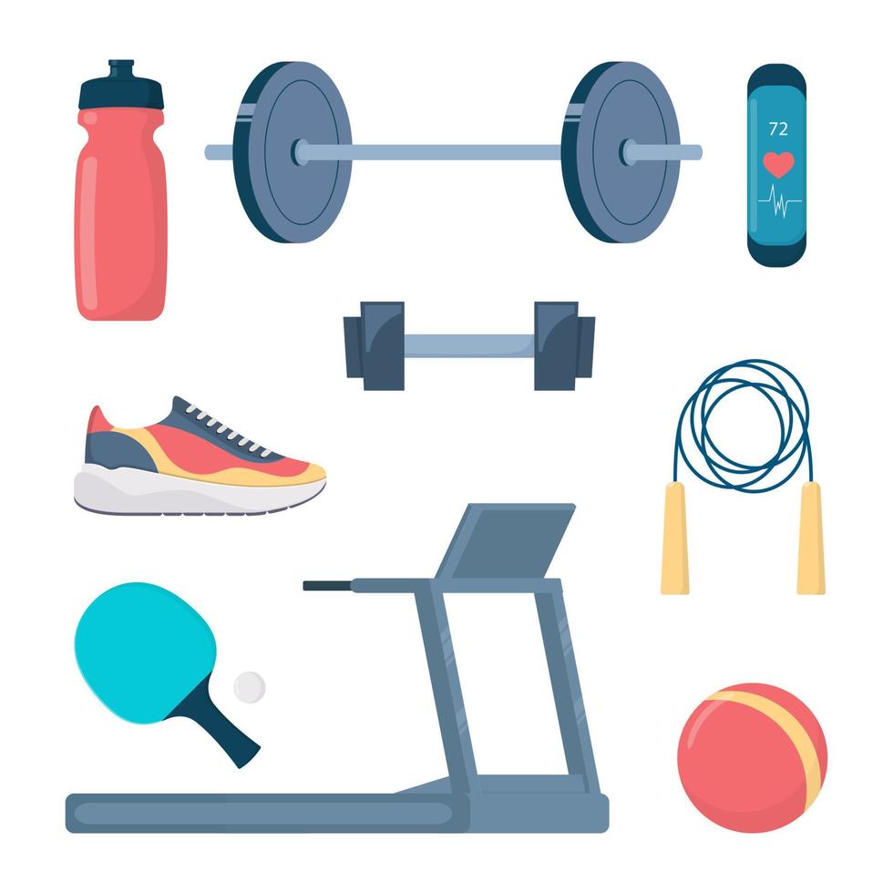 conjunto de equipamentos de ginástica. equipamento de treinamento de fitness, esporte e estilo de vida saudável. Conjunto de ícones de corrida, esporte e academia. ilustração vetorial. vetor