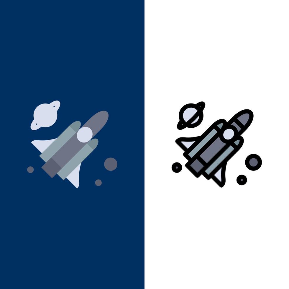 ícones de ciência de mísseis voadores planos e conjunto de ícones cheios de linha vector fundo azul