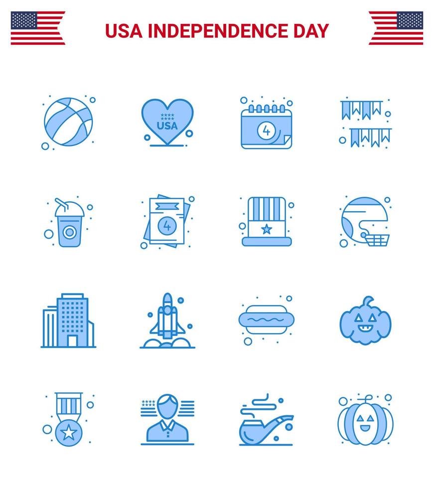 16 pacote azul eua de sinais do dia da independência e símbolos de decoração de garrafa bandeiras americanas dia americano editáveis elementos de design vetorial do dia dos eua vetor