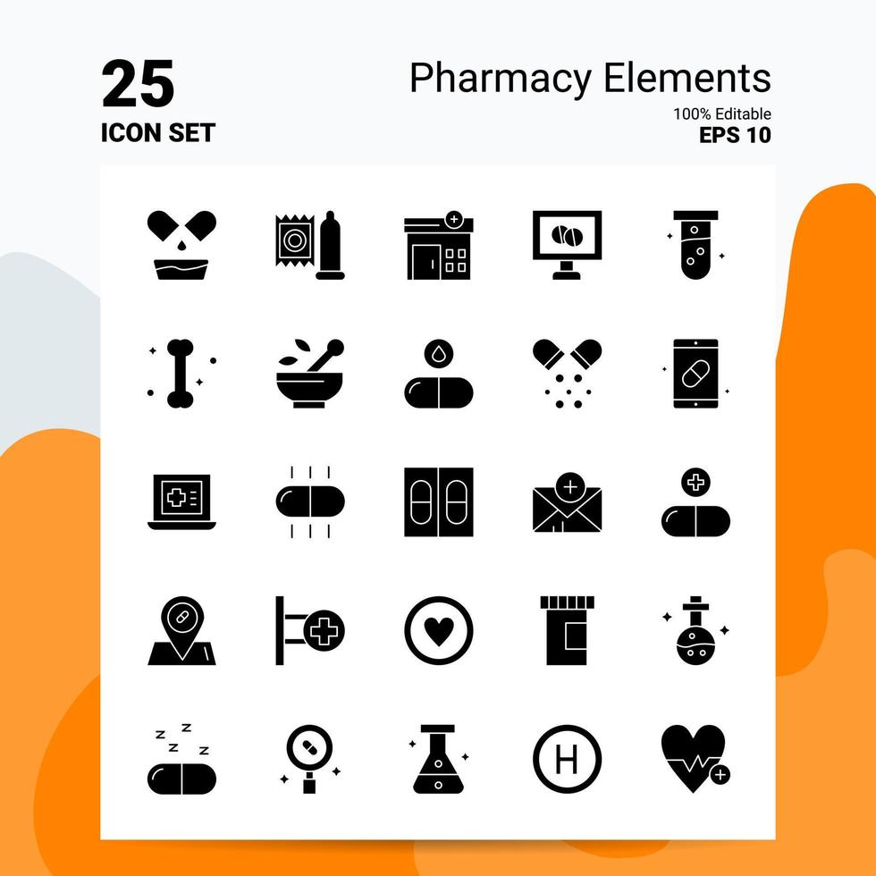 conjunto de ícones de 25 elementos de farmácia 100 eps editáveis 10 arquivos idéias de conceito de logotipo de negócios design de ícone de glifo sólido vetor