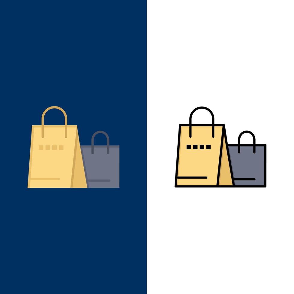 bolsa bolsa de compras ícones de loja plana e cheia de linha conjunto de ícones vector fundo azul