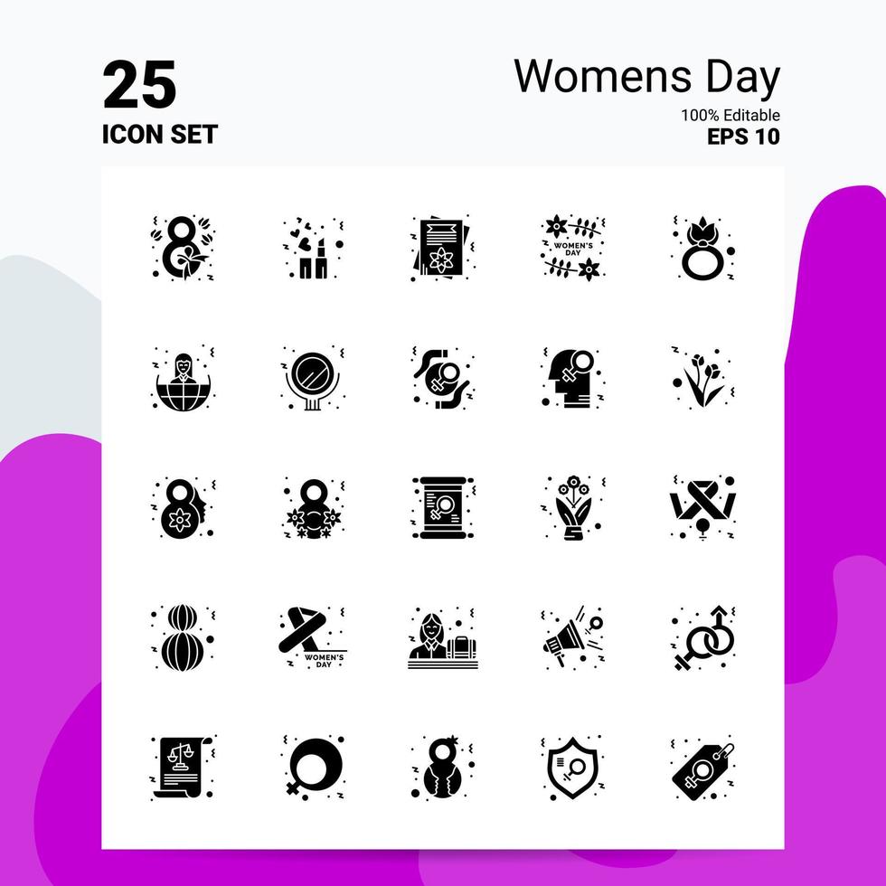 Conjunto de ícones de 25 dias das mulheres 100 eps editáveis 10 arquivos ideias de conceito de logotipo de negócios design de ícone de glifo sólido vetor