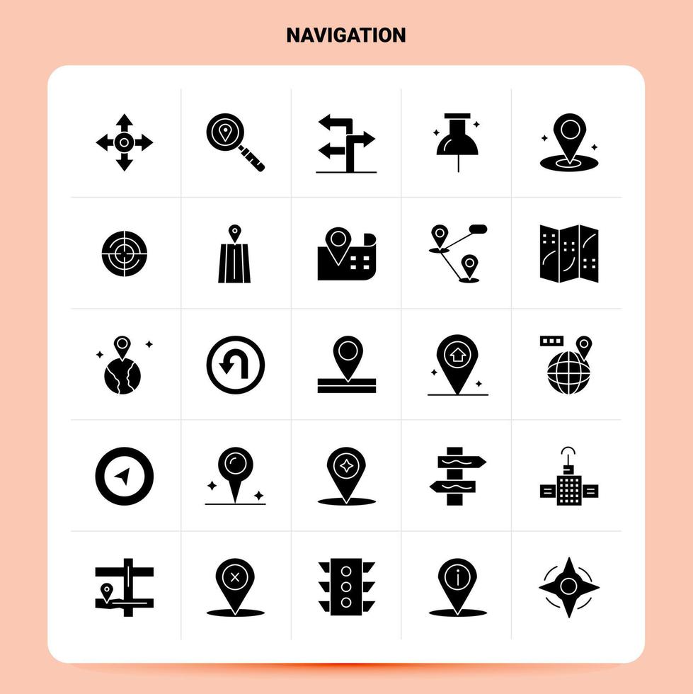 conjunto de ícones de navegação sólido 25 design de estilo de glifo vetorial conjunto de ícones pretos web e design de ideias de negócios móveis ilustração em vetor