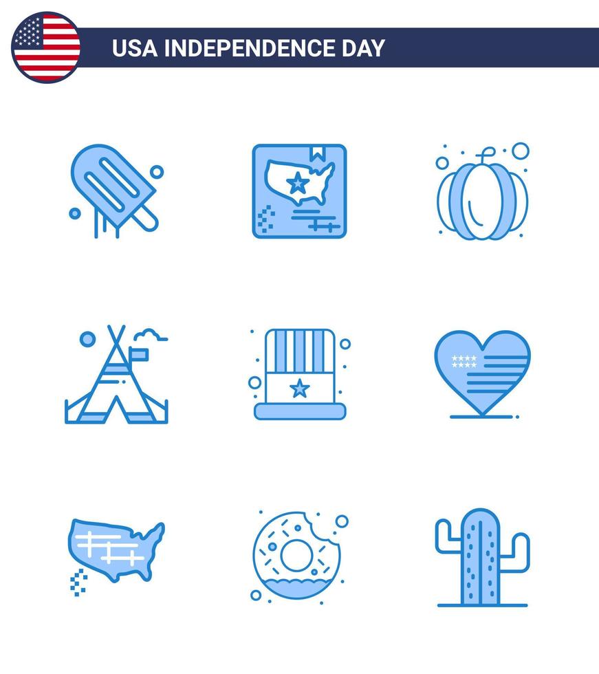 9 pacote azul eua de sinais do dia da independência e símbolos de chapéu americano americano americano tenda americana editável elementos de design vetorial do dia dos eua vetor