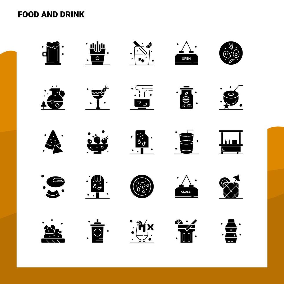 25 conjunto de ícones de comida e bebida modelo de ilustração vetorial de ícone de glifo sólido para web e ideias móveis para empresa de negócios vetor