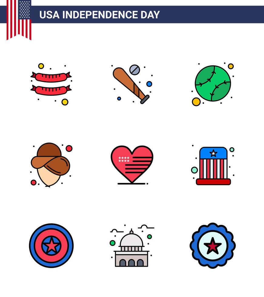 feliz dia da independência dos eua conjunto de pictogramas de 9 linhas planas simples preenchidas de coração americano chapéu americano eua editável dia dos eua vetor elementos de design